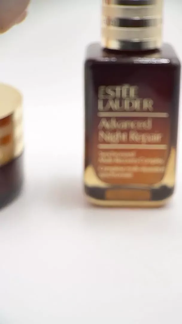 Estée Lauder Advanced Night Repair Serum and Cleansing Balm in an editorial nighttime skincare reel by Beauty With Ju, featuring the texture of the products.