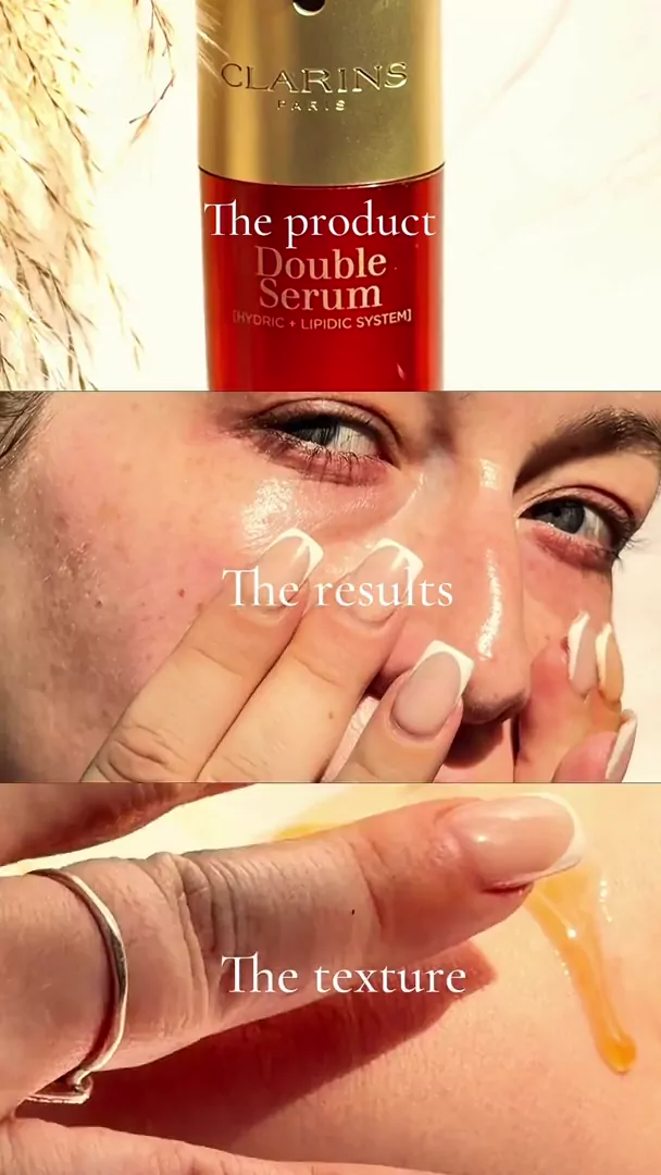 Close up of amber facial serum on skin, gold bottle detail, and fingers applying product to a glowing complexion.