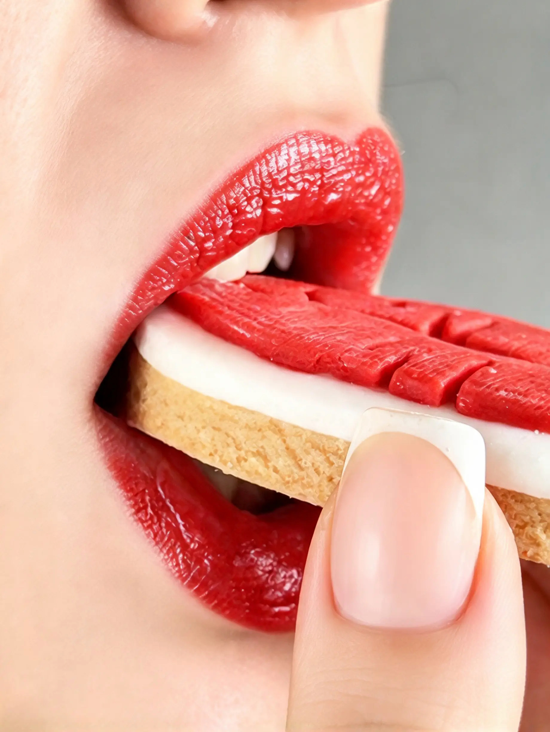 Close-up of vibrant red lips biting a lip-shaped biscuit with textured icing, paired with a classic french manicure.