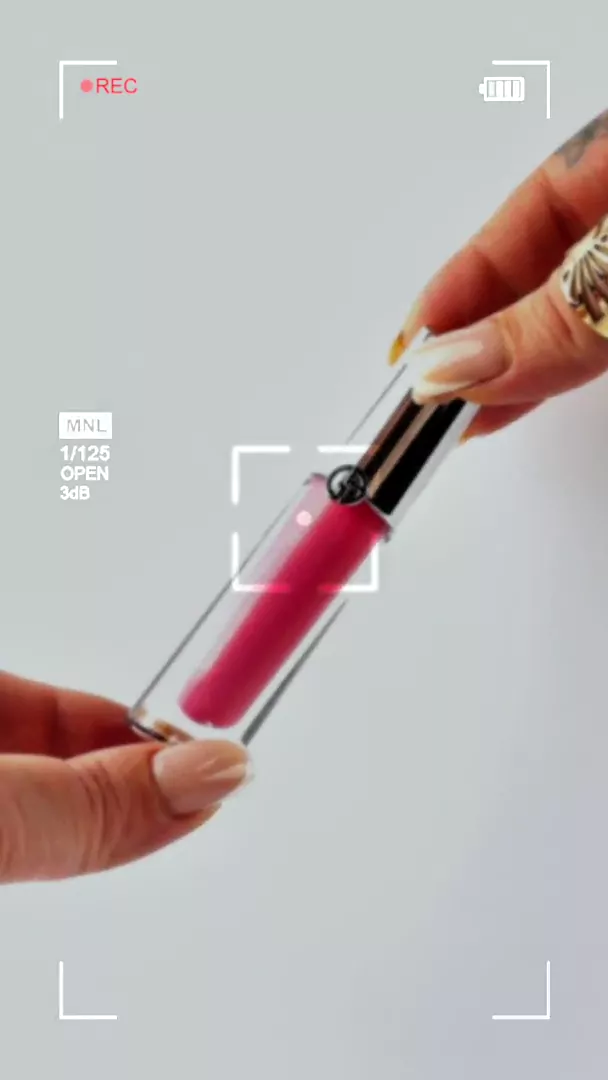 Giorgio Armani Prisma Glass pink lip gloss macro shot on white background, luxury makeup UGC content UK BeautyWithJu